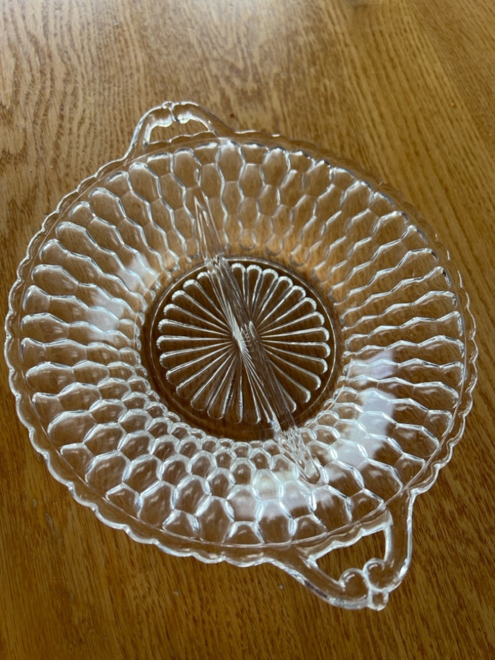 Vintage Indiana Glass Honeycomb 2
Handled Clear Divided Relish ~Candy
Dish Bowl